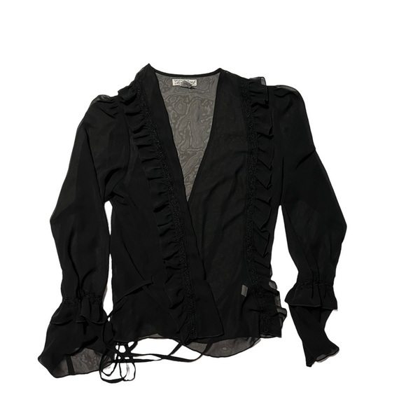 🍀LUCKY BRAND🍀 (EUC) VINTAGE BLACK SHEER WRAP AROUND TOP SIZE LARGE - Picture 6 of 11